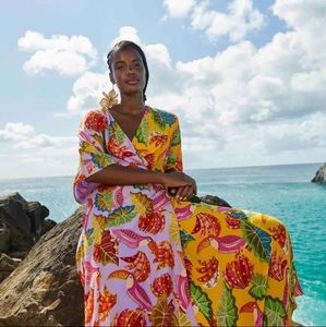 Farm Rio Anthropologie Beaks and Bananas lilac maxi wrap dress size S